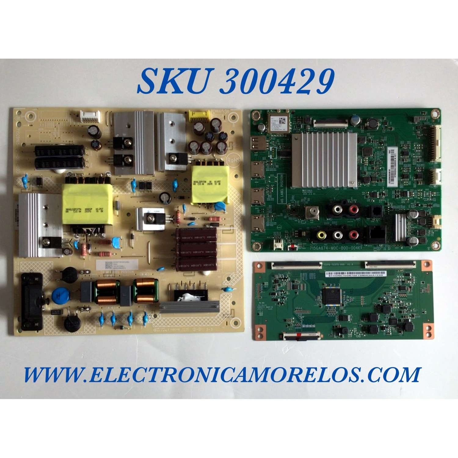 KIT DE TARJETAS PARA TV VIZIO SMARTCAST / MAIN XKCB02K055 / 715GA874-M0C-B00-004K / 715GA874-M0C-B00-004G / T-CON STCON575GS / CCPD-TC575-009 / FUENTE ADTVK1812XBJ / 715G9165-P01-002-003M / PANEL TPT580WR-PV7D.Q / DISPLAY CC580PV7D / MODELO V585-H11